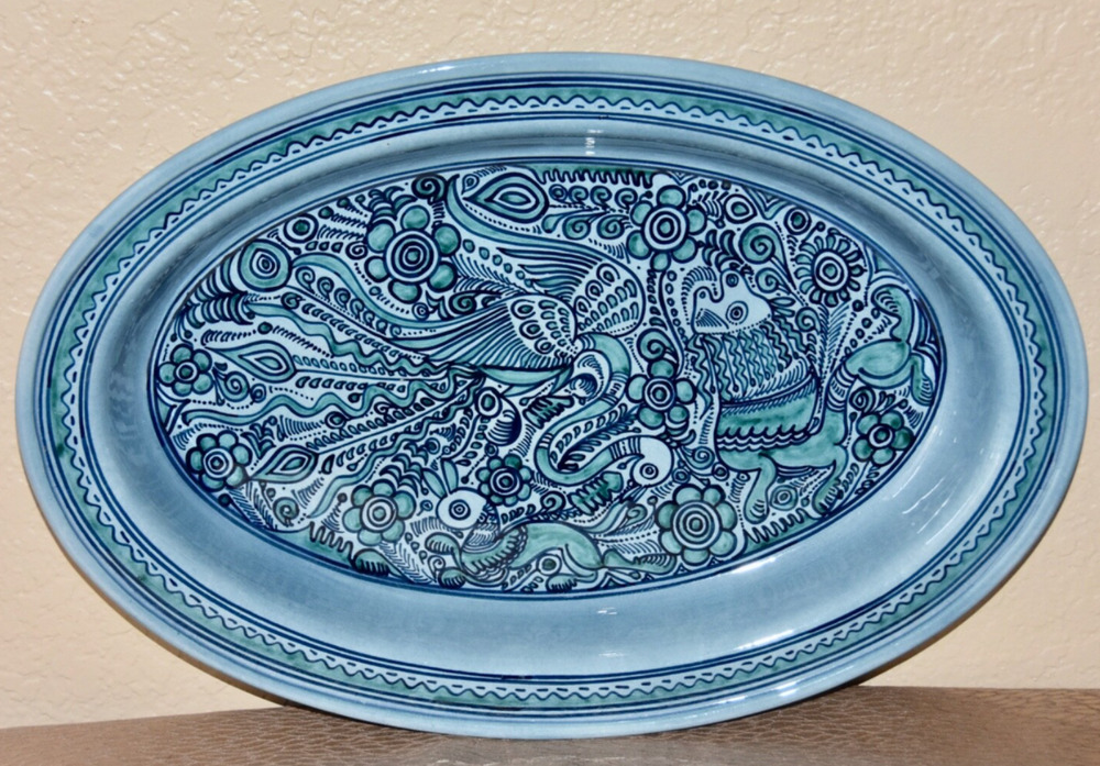 Felix Tissot Fantasia Taxco Mexican Artisan Modernist Pottery Oval Bowl Platter